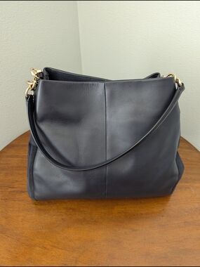 Coach Dark Navy Blue Leather And Suede Shoulder Bag with Gold Hardware